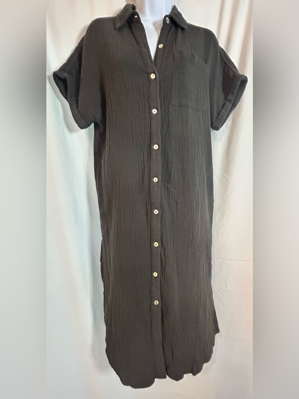 C&C California Gauze Shirt Dress Small Gray 100% Cotton Button Front Midi